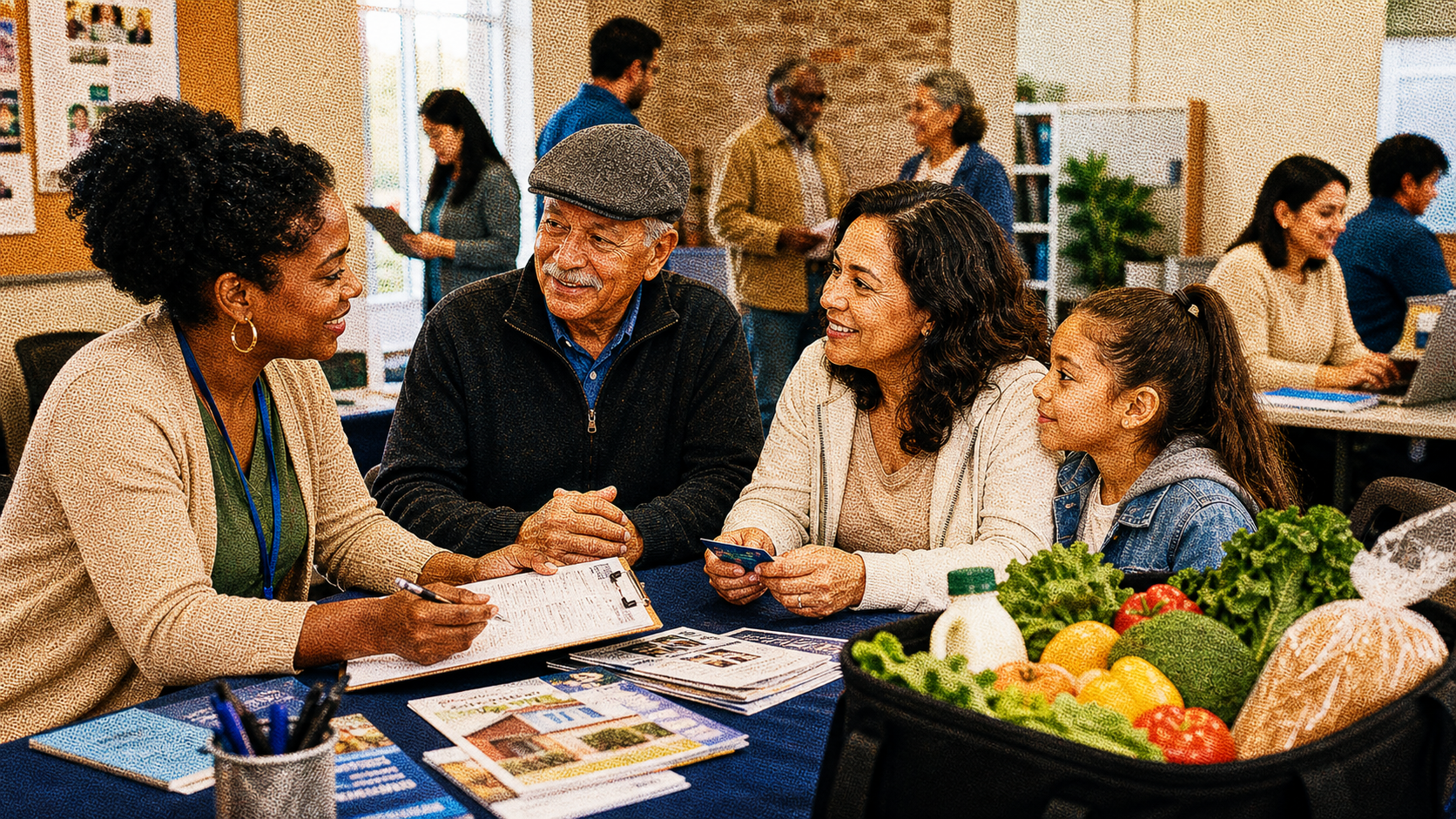 A community resource navigator helping a family find local support services.